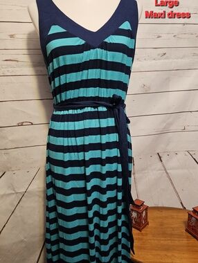Striped Navy and Teal Maxi Dress with Tie Waist